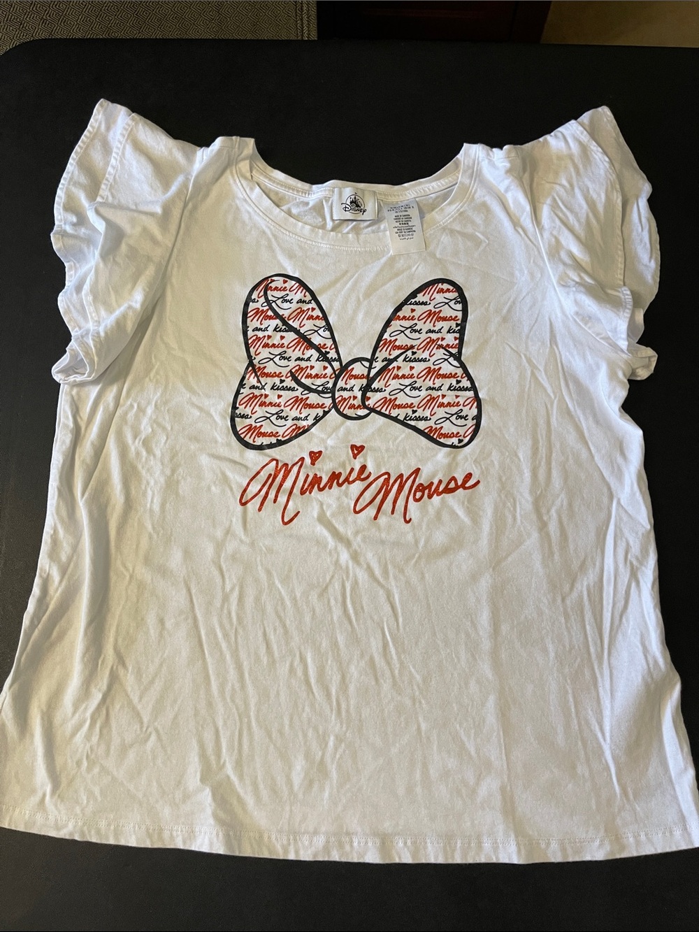 Disney White Minnie Mouse Bow Graphic Tee with Ruffle sleeves Large